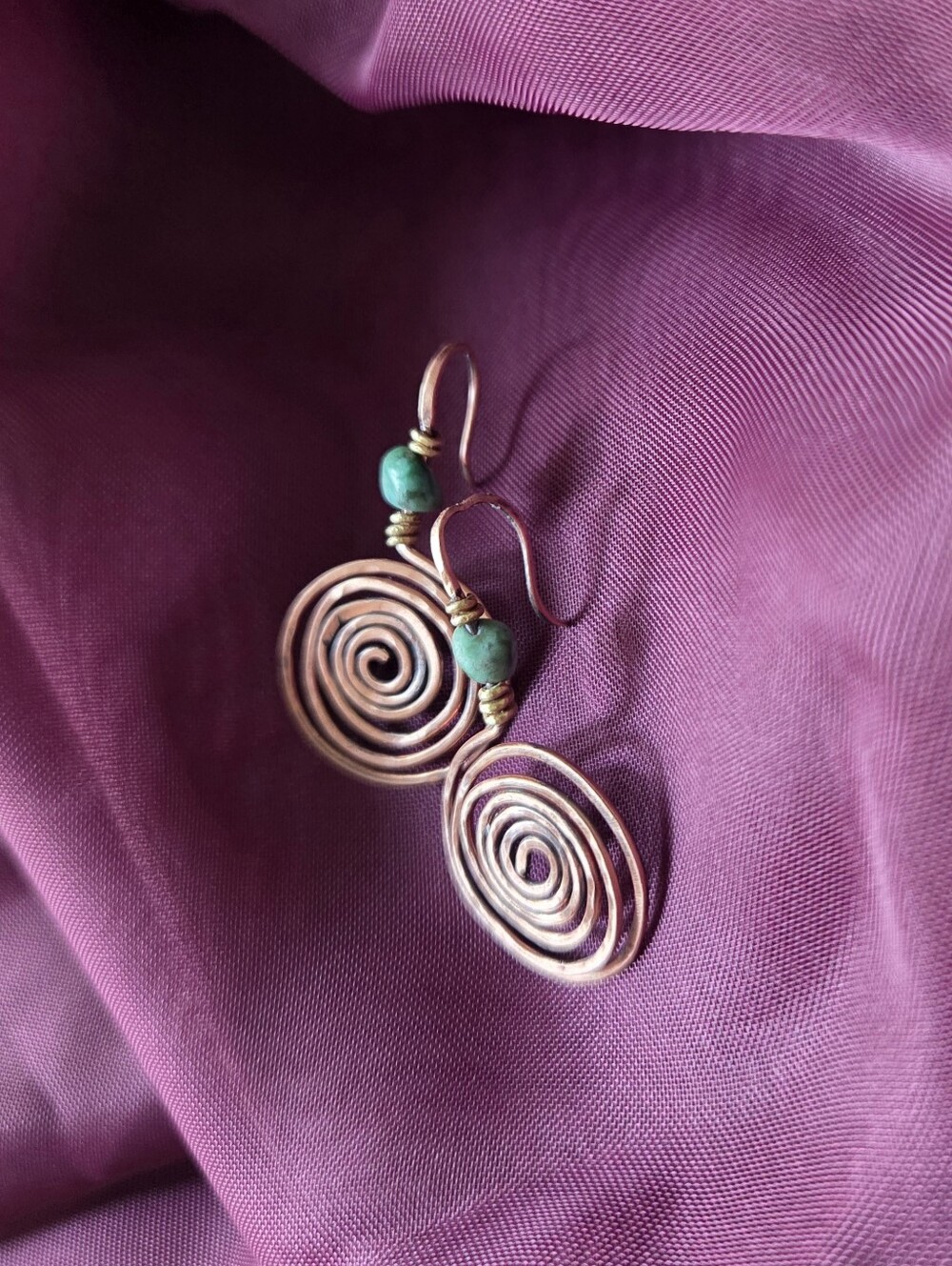 Rustic Hammered Copper Coil Earrings With Green Turquoise Accent.